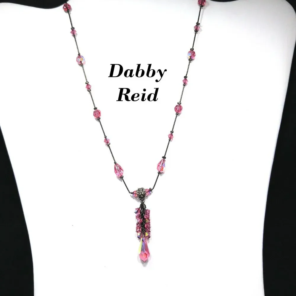Dabby Reid Pink Swarovski Crystal Necklace, AB Beads, Dark Chain Vintage Jewelry
